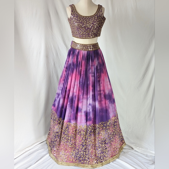 Beautiful pink and purple tie dye ready to wear Indian wedding Lehenga Choli - Picture 8 of 16